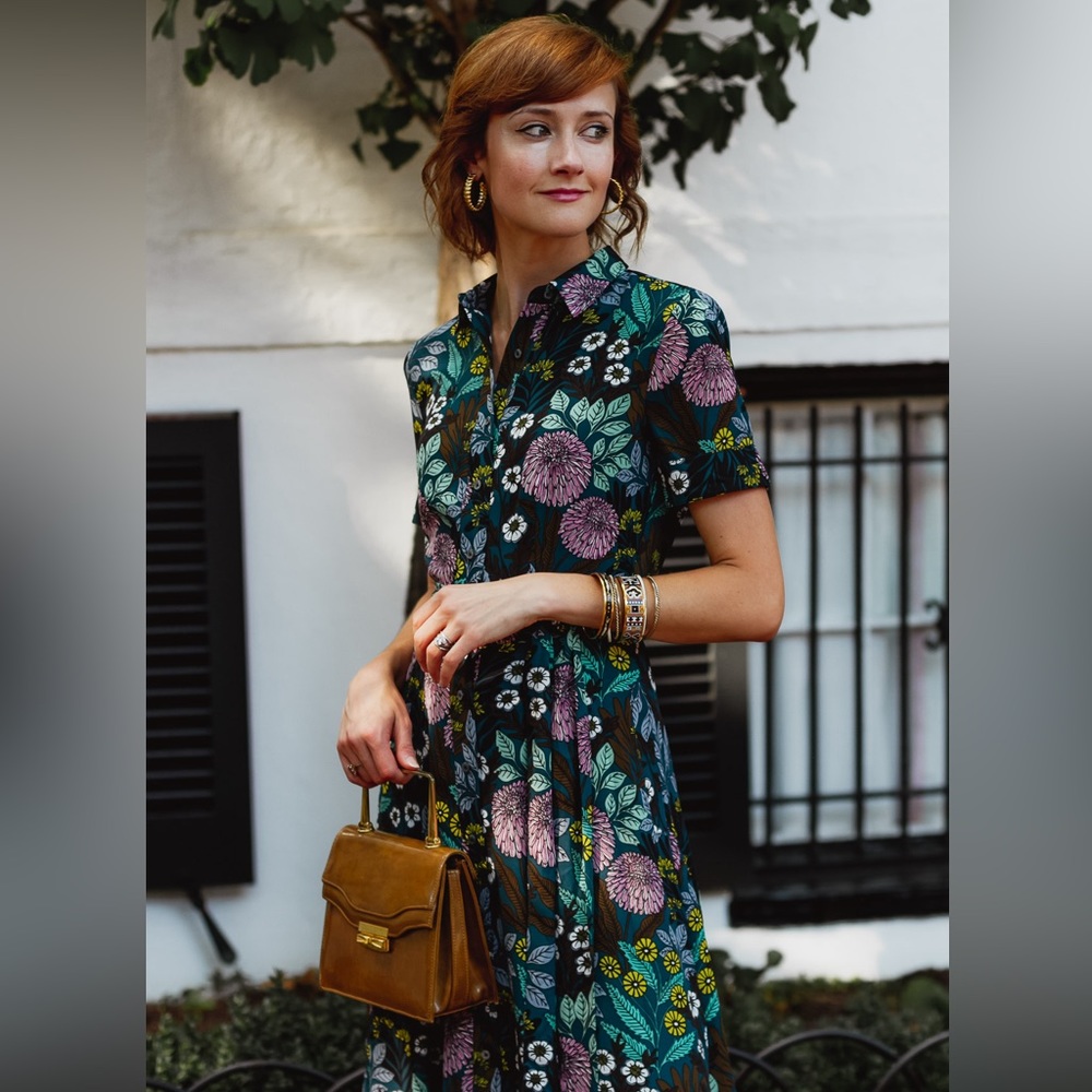 J. Crew X Abigail Borg Shirt Dress Tie Waist Buttons Size 2 Floral Blue Green - Picture 3 of 14